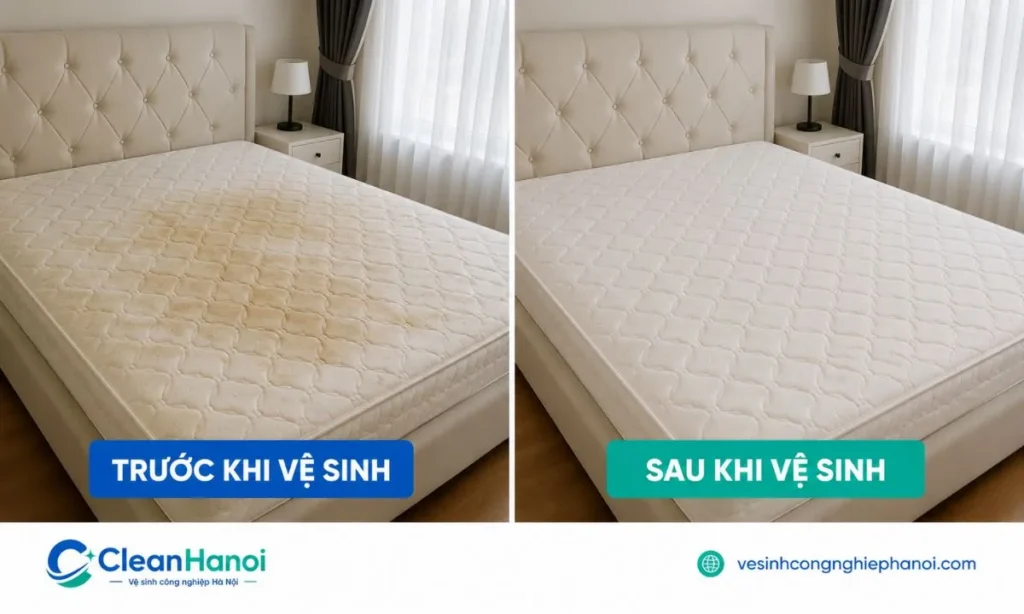 So sánh cùng một tấm đệm trước và sau khi vệ sinh tại Đông Anh