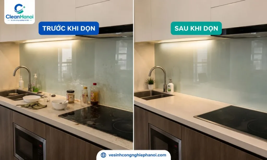 Khu vực trong nhà trước và sau khi CleanHanoi dọn dẹp tại Tây Hồ