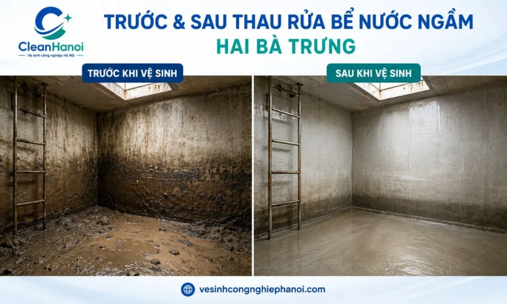 So sánh bể nước ngầm trước và sau khi thau rửa tại Hai Bà Trưng