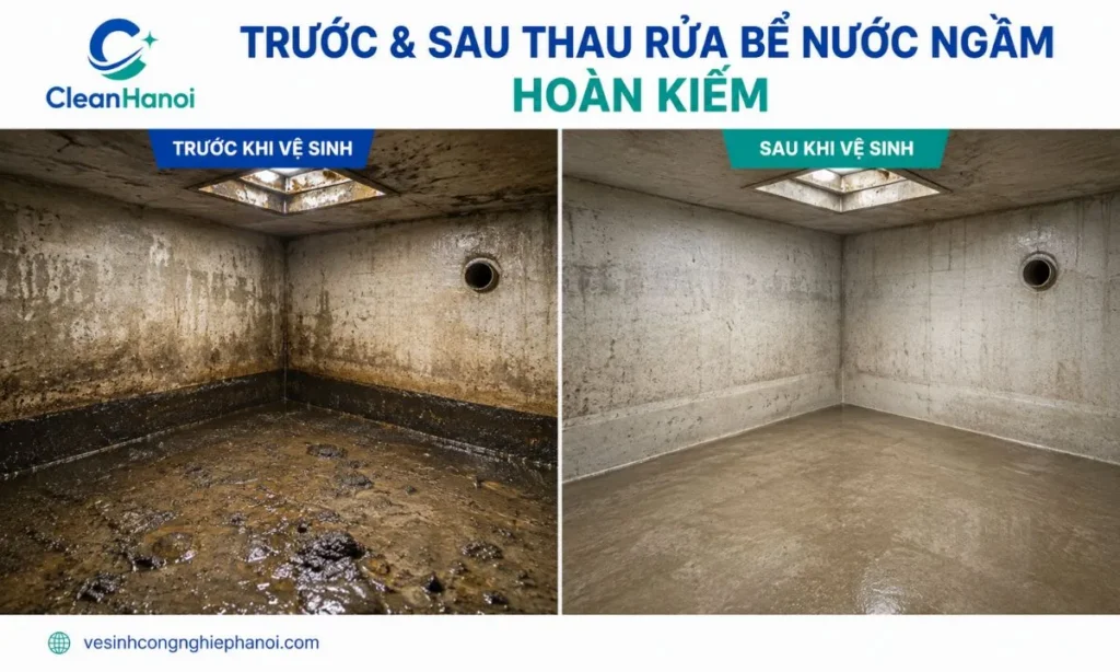 So sánh bể nước ngầm trước và sau khi thau rửa tại Hoàn Kiếm