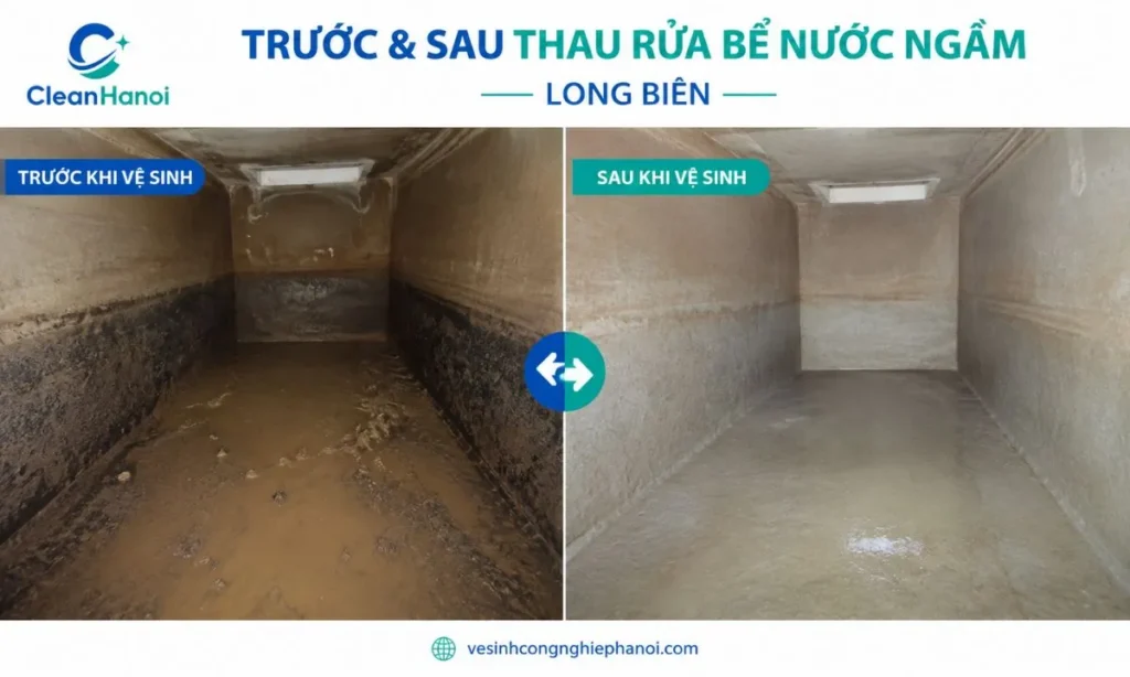 So sánh bể nước ngầm trước và sau khi thau rửa tại Long Biên