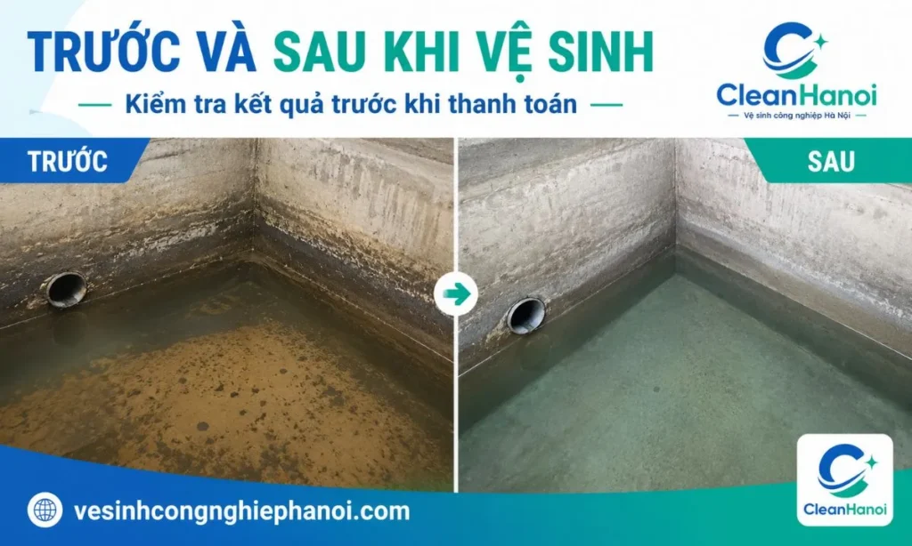 So sánh đáy và góc bể nước trước và sau khi vệ sinh