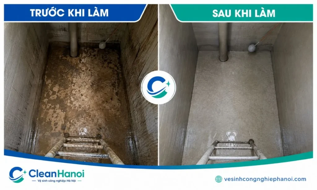 So sánh bể nước trước và sau khi vệ sinh tại Bắc Từ Liêm