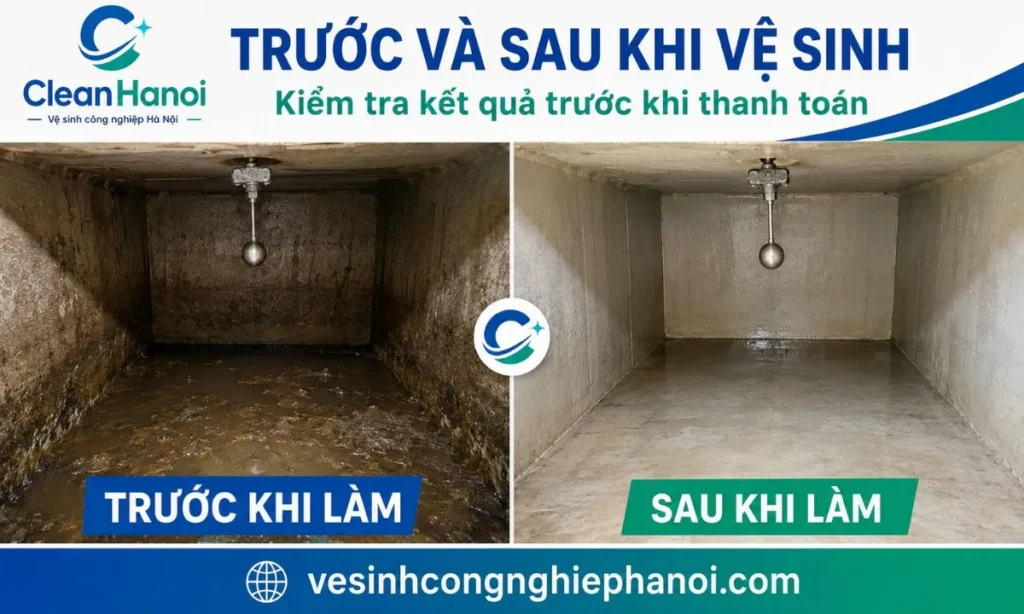 So sánh bể nước trước và sau khi vệ sinh tại Cầu Giấy