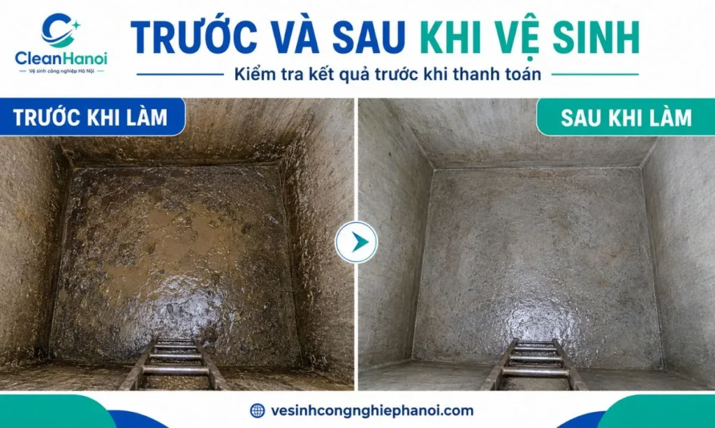 So sánh bể nước trước và sau khi vệ sinh tại Hoài Đức
