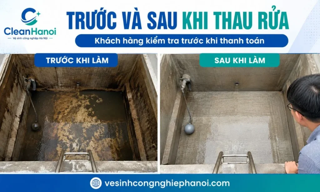 So sánh đáy bể trước và sau khi thau rửa