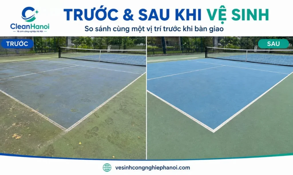 Trước và sau khi CleanHanoi vệ sinh sân pickleball tại Hà Nội