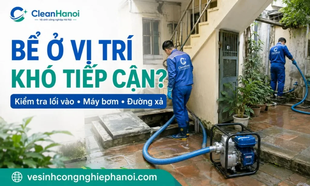 Nhân viên CleanHanoi vệ sinh bể nước tại nhà phố có vị trí hẹp ở Đống Đa
