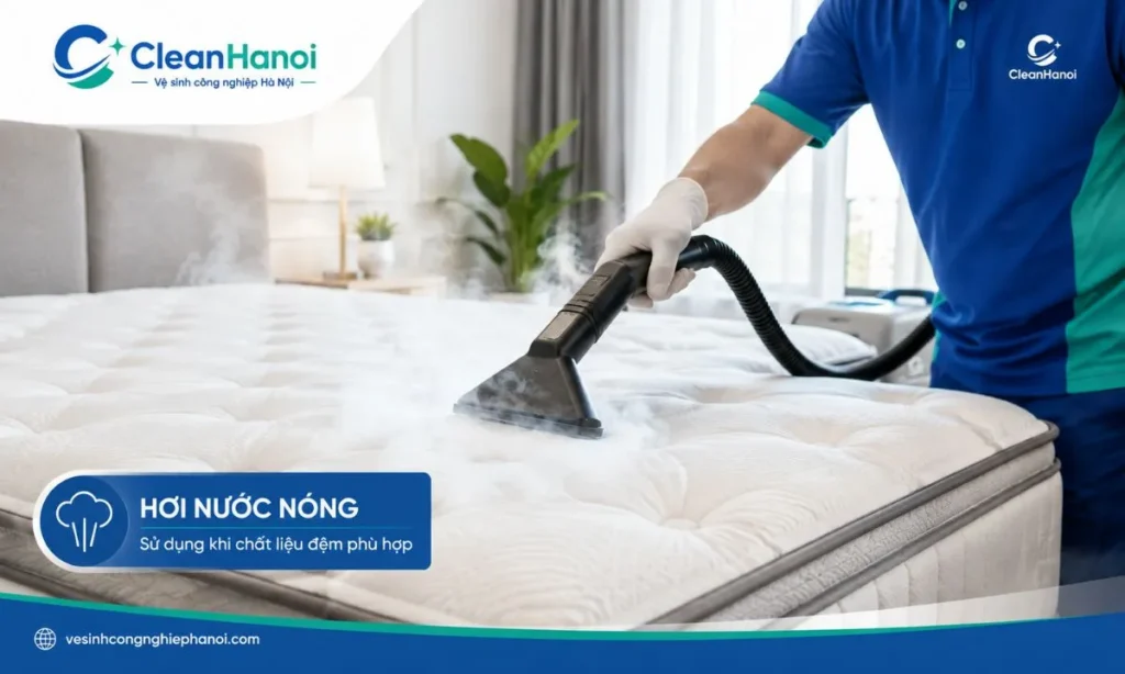 Kỹ thuật viên vệ sinh bề mặt đệm bằng hơi nước nóng