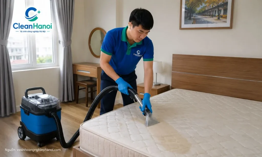 Nhân viên CleanHanoi vệ sinh đệm tại nhà ở Gia Lâm bằng máy phun hút