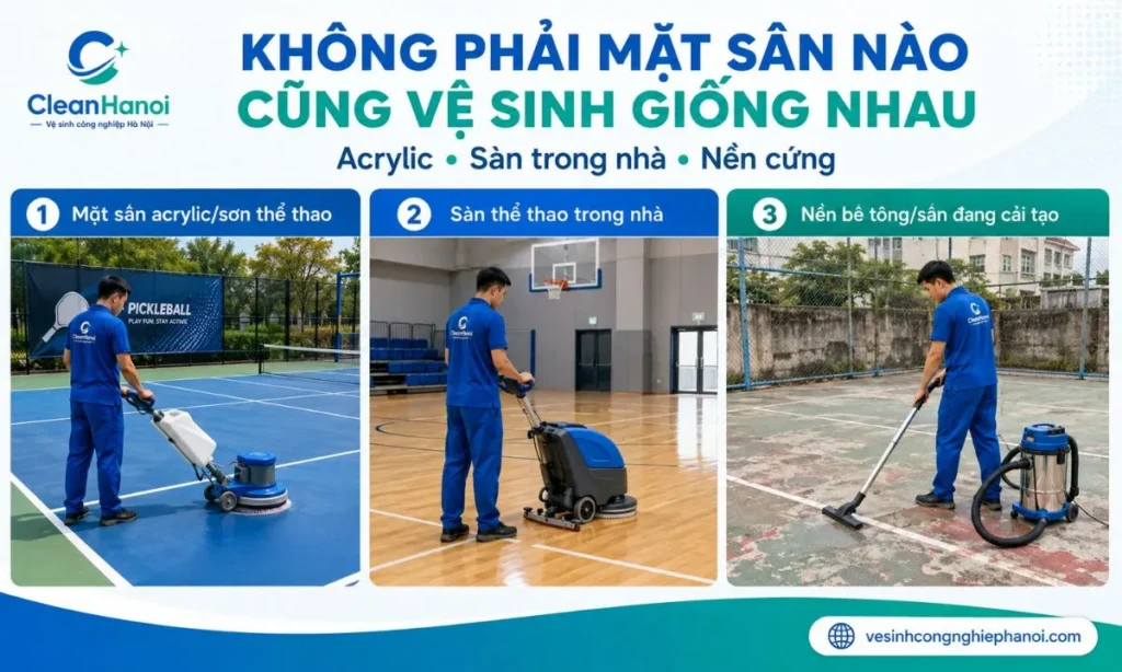 Lựa chọn phương pháp vệ sinh theo loại bề mặt sân thể thao