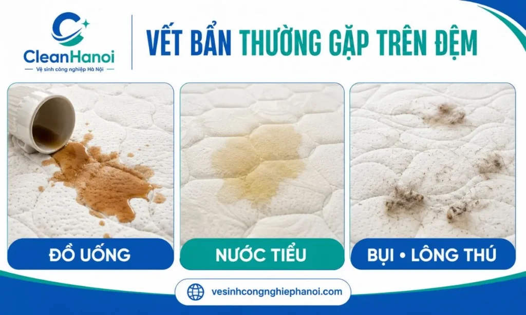 Vết đồ uống, nước tiểu và bụi bẩn thường gặp trên bề mặt đệm