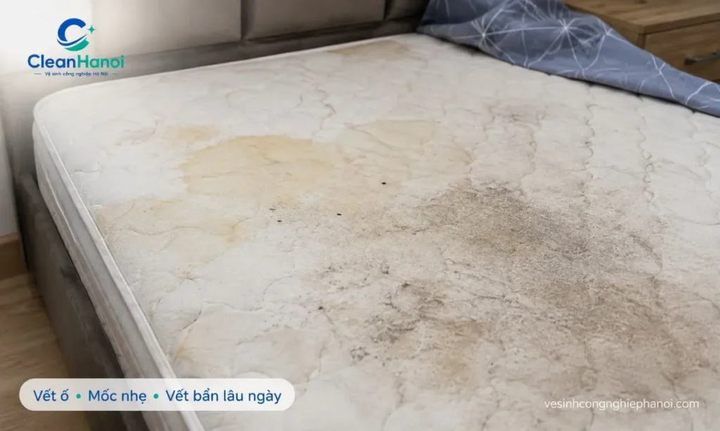 Vết ố và mốc nhẹ trên bề mặt đệm cần kiểm tra trước khi vệ sinh