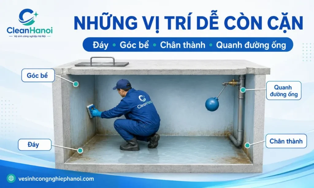 Đáy góc chân thành và khu vực đường ống cần kiểm tra khi vệ sinh bể