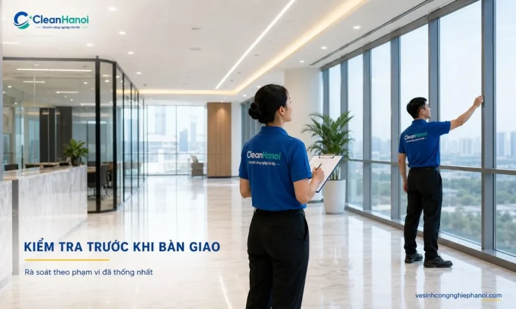 Nhân viên kiểm tra công trình sau khi hoàn thành vệ sinh