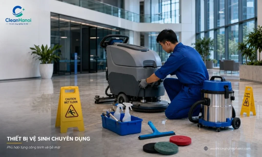 Máy chà sàn và thiết bị vệ sinh công nghiệp được chuẩn bị cho công trình