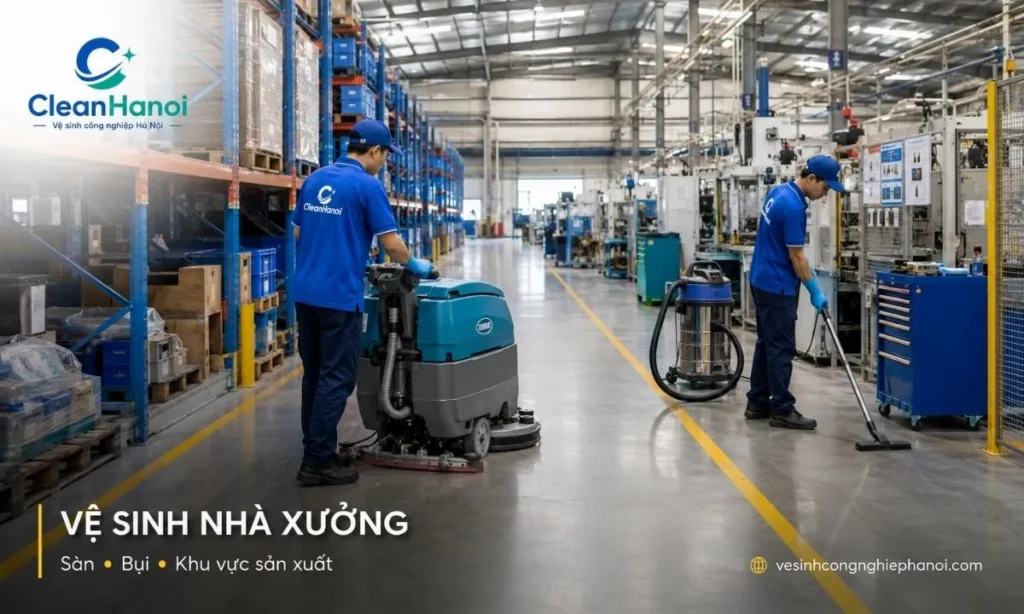 Nhân viên sử dụng máy chà sàn vệ sinh nhà xưởng